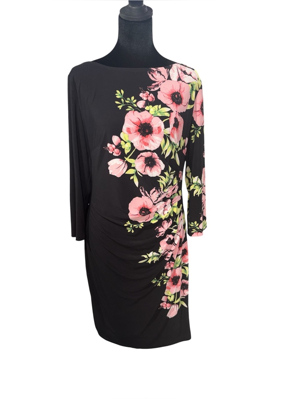 Anne Klein Women’s Wedding Guest Black Floral Sheath Dress with Pink Blooms